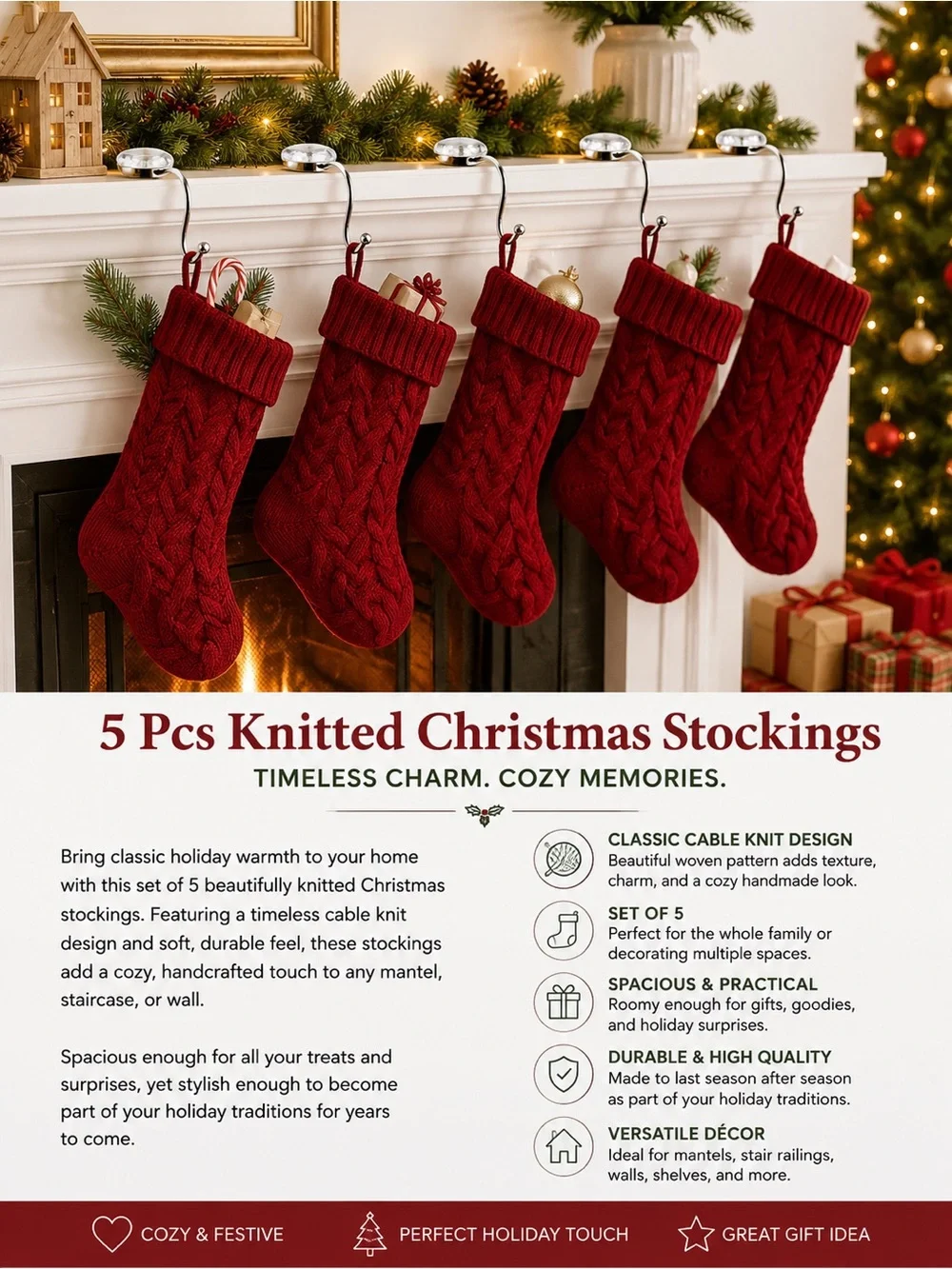 Cable Knit Christmas Stockings Holiday Mantel Decor Rustic Farmhouse Set 5